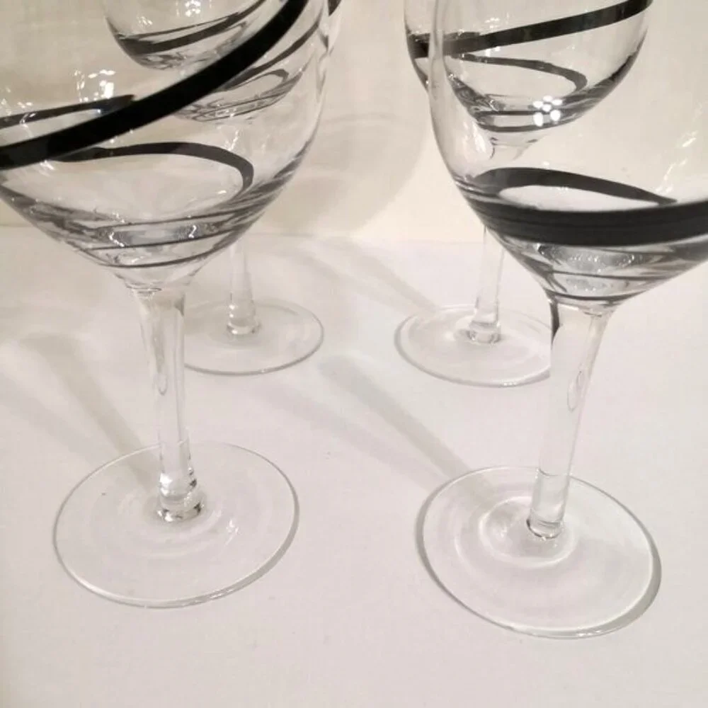 Pier 1 Black‎ Swirline Clear Glass Goblets Wine Discontinued Hand Blown Set of 4